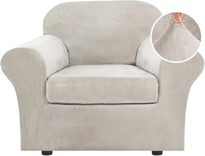 H.VERSAILTEX Rich Polyester Spandex Blend 2 Piece Cover Chair Slipcover Sofa Cover Furniture Protector Couch Soft with Elastic Bottom Chair Couch Cover with Arms Width Up to 49 Inch(Chair, Oatmeal)