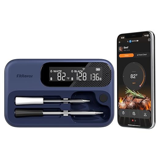 Wireless Bluetooth Meat Thermometer for Smoker, Fitflavor WiFi Meat Thermometer for Grill BBQ, Smart Meat Probe for Food Cook Oven Grilling - Dual Probes, Rechargeable