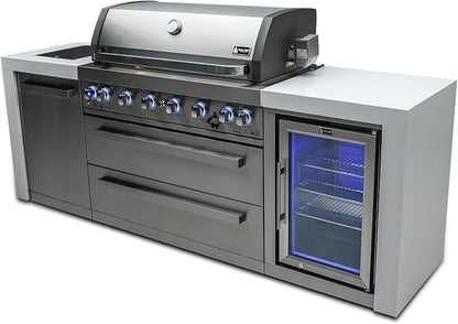 Mont Alpi 94"W x 23"D x 46"H Deluxe Stainless Steel Modular Outdoor Kitchen Island with Refrigerator + 44"W 6-Burner BBQ Gas Grill + Side Burner + Granite Countertops + Storage Cabinets and Drawers