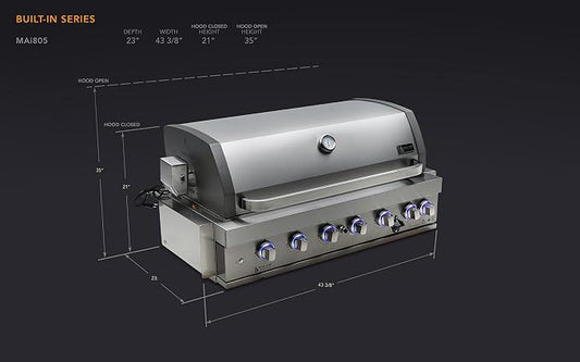 Mont Alpi Stainless Steel Outdoor Kitchen Island 44"W 6-Burner Built-in BBQ Grill Head with Accessories - Flat Top Griddle Hot Plate + Pizza Kit with Cutter & Stone + Spatulas + Tongs + Cleaning Brush
