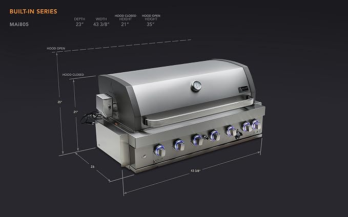 Mont Alpi Premium 44"W x 23"D x 21"H Stainless Steel 6-Burner 87000 BTUs Outdoor Kitchen Kitchen Island Heavy Duty Propane Built-in BBQ Grill Head with Infrared Rear Burner + Rotisserie Kit + Cover