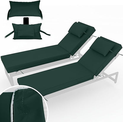 Chaise Lounge Cushions Outdoor Set of 2 Lounge Chair Cushion 72" L x 21" W with Headrest Straps 3'' Thick Waterproof Patio Chaise Cushions Pool Lounger Chair Cushion(Dark Green)