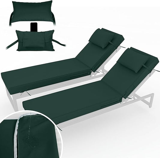 Chaise Lounge Cushions Outdoor Set of 2 Lounge Chair Cushion 72" L x 21" W with Headrest Straps 3'' Thick Waterproof Patio Chaise Cushions Pool Lounger Chair Cushion(Dark Green)