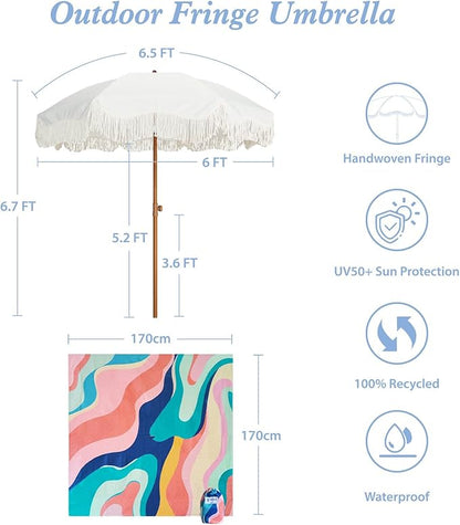 AMMSUN Boho Fringe Umbrella with Beach Blanket, 6.5ft UPF50+ Picnic Umbrella with Tassels with Steel Pole & Push Button Tilt, Antique White