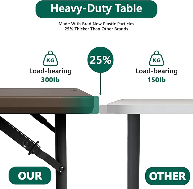 Folding Table, 4FT Foldable Picnic Table with Adjustable Height, Heavy Duty Fold-in-Half Portable Table for Weddings, Camping, RV Travel, Parties, BBQs, and Indoor Use, Easy to Fold and Store, Brown