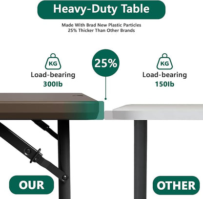 Folding Table, 4FT Foldable Picnic Table with Adjustable Height, Heavy Duty Fold-in-Half Portable Table for Weddings, Camping, RV Travel, Parties, BBQs, and Indoor Use, Easy to Fold and Store, Brown