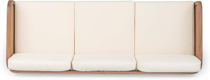 Christopher Knight Home Jidah Acacia Wood Outdoor 3 Seater Sofa with PE Wicker Armrest, Solid Wood Patio Sofa with Removable Cushion, Comfy Lounge Sofa for Patio Furniture Set, Light Teak+Beige