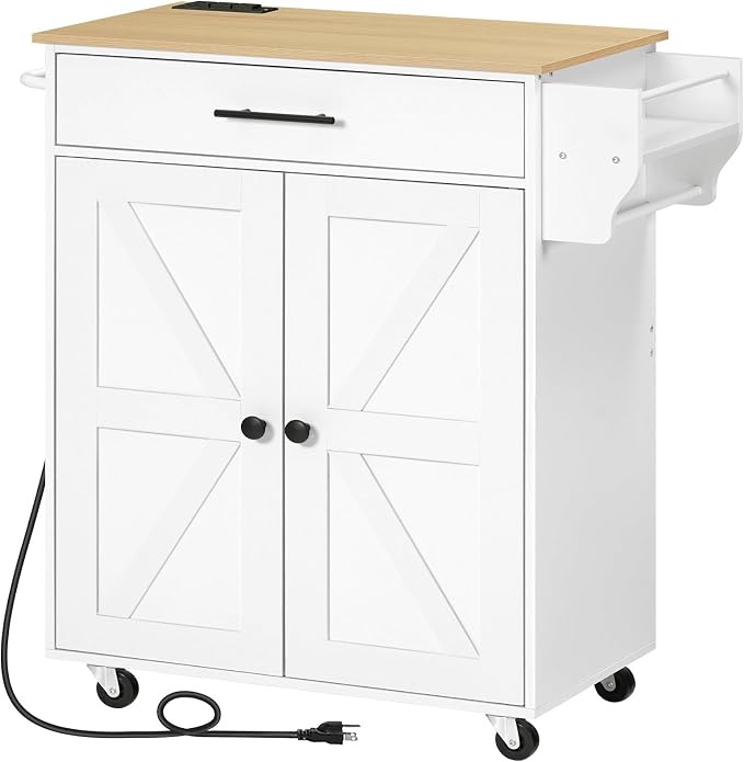 HOOBRO Kitchen Island with Power Outlet, Rolling Kitchen Island with Large Worktop, Kitchen Island Cart with Spice Rack and Drawer, Island Table for Dining Room, White and Natural WN88UZD01