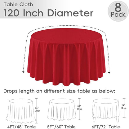 8 Pack Red Round Tablecloth 120 Inch | For 4Ft-7Ft Round Table, Wrinkle Resistant Table Cloth, Washable Polyester Fabric, For Wedding Party Banquet Buffet Camping