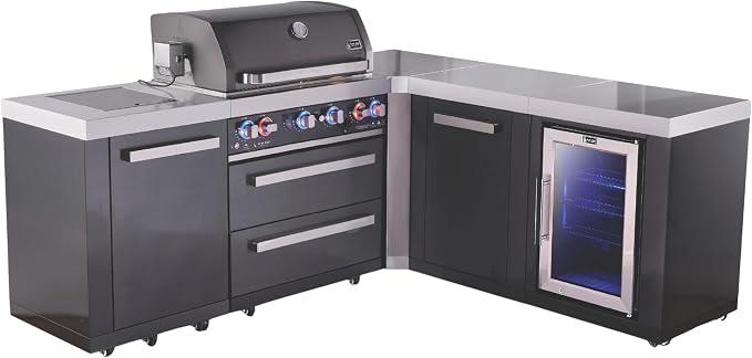 Mont Alpi 82"W x 75"D x 46"H Black Stainless Steel L-shaped Modular Outdoor Kitchen Island with Refrigerator + 32"W 4-Burner BBQ Gas Grill + Granite Countertops + Storage Cabinets + Rotisserie + Cover