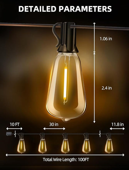 Outdoor Patio String Lights: 100Ft 30M Outside Waterproof Light - Remote Dimmable ST38 Shatterproof Bulb Connectable Hanging Outdoor Electric Lighting - Backyard Yard Gazebo Porch Party