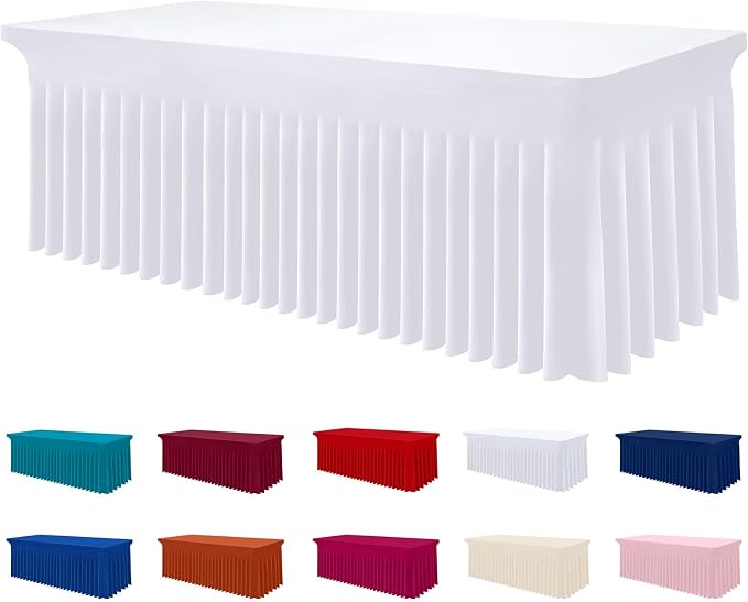 Smiry Spandex Elastic Fitted Table Cloth Skirt for 6FT Rectangle Table | Stretch Washable Table Cloth, Banquet Table Cover for Wedding, Party, Indoor & Trade Shows, (White, 72Lx36Wx30H)
