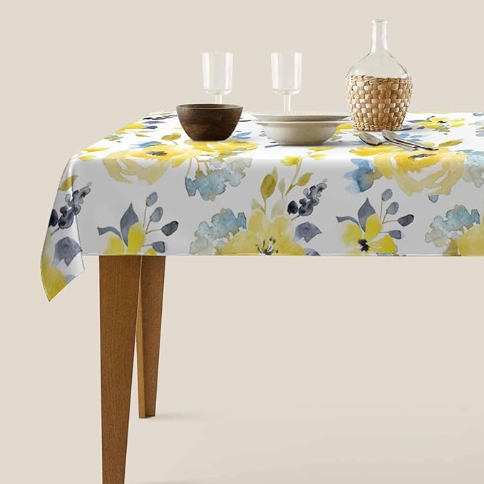 TKS MITLAN Yellow Blue Flowers Tablecloth Decor Watercolor Plant Tender Petal Bright Summer Romantic Table Cloth Dining Room Kitchen Table Cover 60" X 84" Oblong/Rectangle
