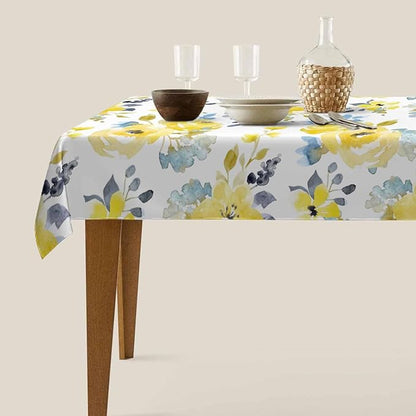 TKS MITLAN Yellow Blue Flowers Tablecloth Decor Watercolor Plant Tender Petal Bright Summer Romantic Table Cloth Dining Room Kitchen Table Cover 60" X 84" Oblong/Rectangle