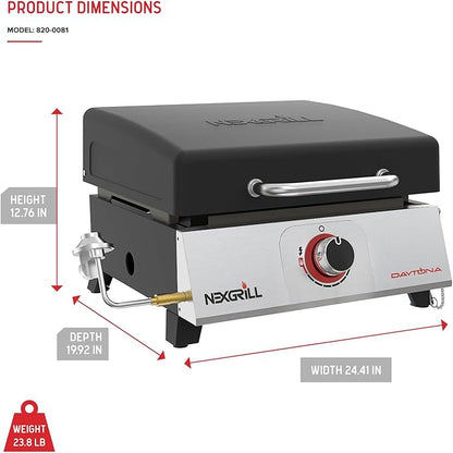 Nexgrill Daytona 1-Burner Portable Gas Griddle with Built-In Lid, 12,000 BTUs, 271 SQ In Cooking Space, Small Tabletop Propane Griddle for Outdoor Cooking, Camping, BBQs, and Parties - 820-0081