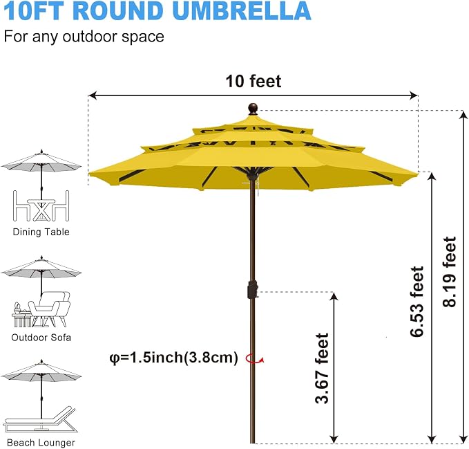 Eurmax USA 10-Year-Non-Fading 10FT 3-Tier Outdoor Patio Market Umbrella,UPF50+ UV Resistant,Heavy Duty Commercial Grade,Crank Lift Design,Windproof Vented Top for Garden,Pool,Deck,Sunflower Yellow