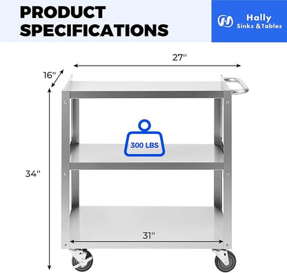Hally Stainless Steel Utility Cart 3 Tier NSF Rolling Carts 31" Lx19 Wx34 H | Commercial Heavy Duty Metal Mobile Food Cart, with Handle and Wheels, for Kitchen, Restaurant, Hospital, Laboratory and Home