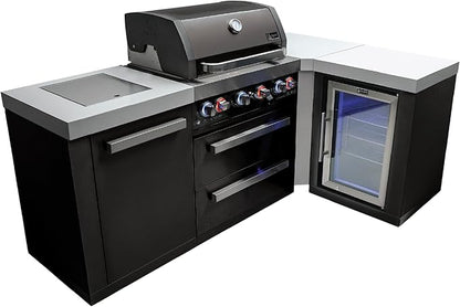 Mont Alpi Premium 82"W x 50"D Black Stainless Steel L-shaped Modular Outdoor Kitchen Island with Refrigerator + 32"W 4-Burner BBQ Gas Grill + Granite Countertops + Storage Cabinets + Drawers + Cover