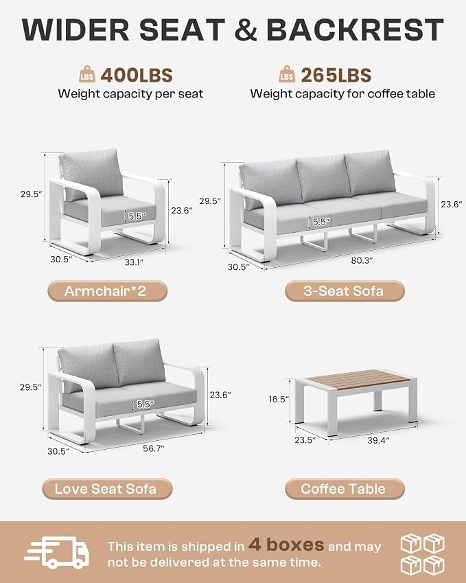 Oversized Aluminum Outdoor Furniture Set, Extra Large Patio Furniture Sofa Set 4.8” Widened Armrest & Ultra-Thick Cushions, 5 Pcs Modern Patio Sectional for Backyard, Porch, White
