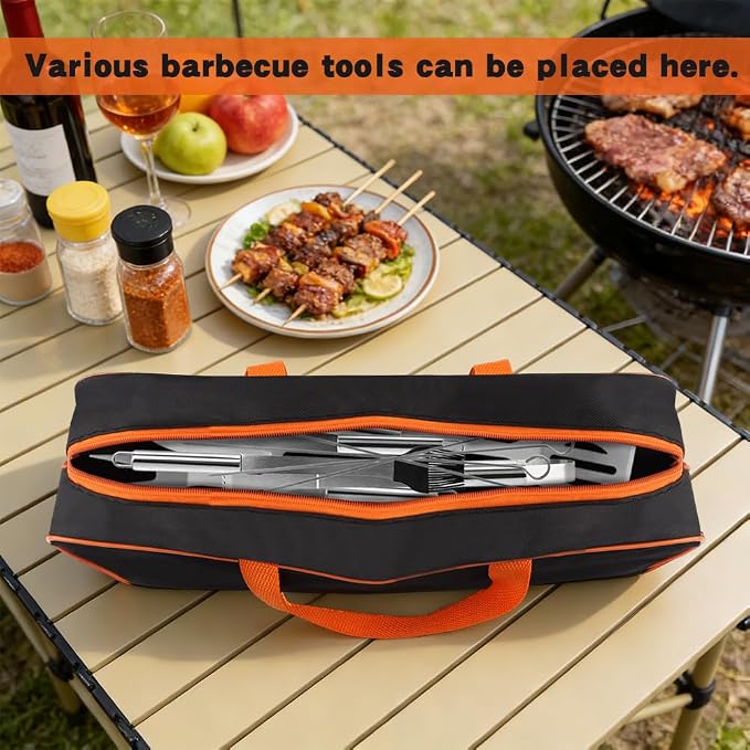Grill Tool Storage Bag, BBQ Utensil Organizer Carry Case with Skewer Holder, Heavy Duty Grill Accessory Tools Storage for Outdoor Grilling Camping, Hold BBQ Tools up to 16"(Color:Black)