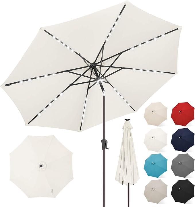 FLAME&SHADE Solar Patio Umbrella with a Centre Light, 11 FT Ivory | 40 LED Lights, UV Protection, Waterproof, Porch Deck Outdoor Umbrella for Pool, Backyard, Garden, Provides Evening Lighting