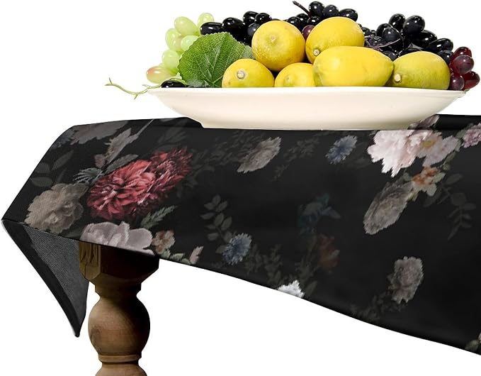 Vintage Florals Tablecloth, Black Pink Garden Gothic Flowers Rustic Roses Boho Botanical Plant Water Resistant Wipeable Table Cover for Picnic Party Holiday Kitchen Dinner Table 60"x120"