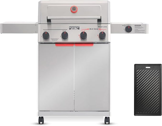 Monument Grills 4+1 Burner Stainless Steel 525 Sq.in Propane Gas Grill, 49,000 BTU, 500°F in 5 Mins, Outdoor Mesa 2 Grill with Broil Zone, 1 Side Burner, 1 Foldable Side Shelf, with Cooking Plate