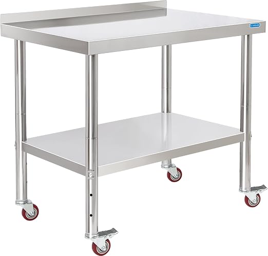 KUARBARR Stainless Steel Table for Prep & Work with 4 Caster Wheels with Backsplash 24 x 36 NSF Metal Commercial Kitchen Adjustable Under Shelf Worktable for Restaurant Home Outdoor