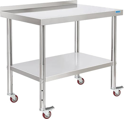 KUARBARR Stainless Steel Table for Prep & Work with 4 Caster Wheels with Backsplash 24 x 36 NSF Metal Commercial Kitchen Adjustable Under Shelf Worktable for Restaurant Home Outdoor
