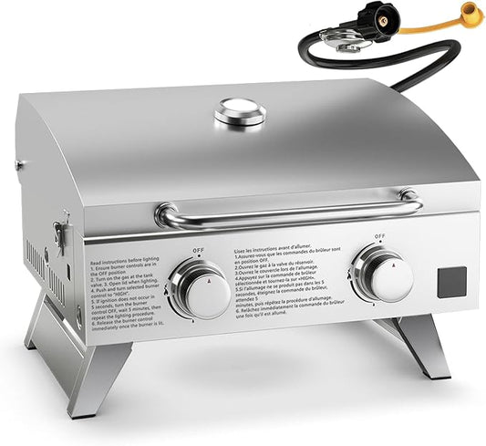 HAPPYGRILL Portable Gas Grill with 2-Burner, 20,000 BTU Total Stainless Steel Tabletop Propane Grill w/Handle, Built-in Thermometer & Extra Flame Rod, Foldable Legs for Outdoor RV BBQ Picnic