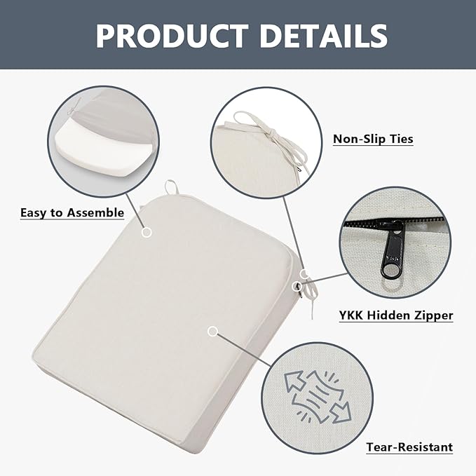 Goodgoods 19.5 x 20 Outdoor Chair Cushions Set of 4, Fade-Resistant & Water-Resistant Patio Seat Cushion Pads with Ties, 30D High-Resilience Foam for Dining Room Kitchen Chairs, Almond
