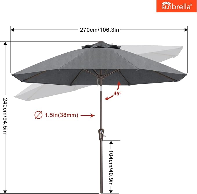 ABCCANOPY 10-Year No Fading 9FT Patio Umbrella, Acrylic Outdoor Table Umbrella with 8 Sturdy Ribs for Deck, Backyard, Garden, Yard (Grey)