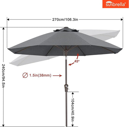 ABCCANOPY 10-Year No Fading 9FT Patio Umbrella, Acrylic Outdoor Table Umbrella with 8 Sturdy Ribs for Deck, Backyard, Garden, Yard (Grey)