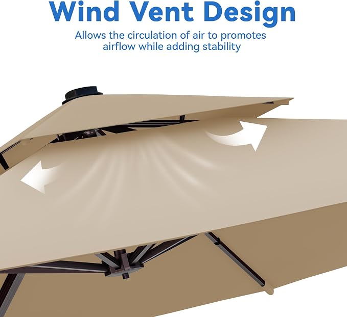 10x13FT Beige Brown Cantilever Outdoor Patio Umbrella with Base, Large Rectangular Offset Design, Double Top Heavy Duty Aluminum Frame & 360° Rotation for Pool Garden Deck Backyard