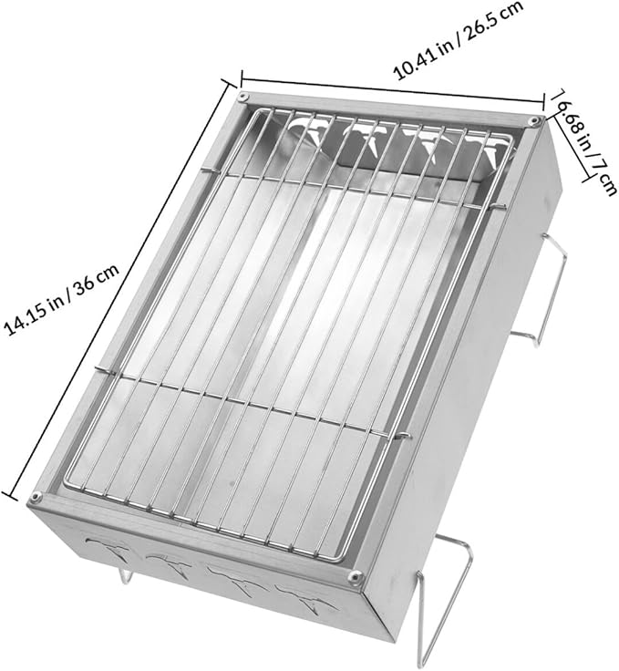 Portable Stainless Steel Charcoal Grill Outdoor Bbq Rack Foldable Camping Barbecue Stove 36x26.5x17.5cm Practical Picnic Cooking Accessory