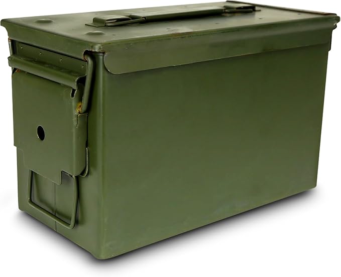 U.S. G.I. M2A1 50 Cal Ammo Can Organizer (OD Green) - Watertight Seal Metal Storage Box w/ Hinged Lid & Secure Latch – Ideal Ammo Can Surplus for Gear, First Aid, & Survival Supplies | First Aid | & Survival Supplies | Keeps Cans Locked In