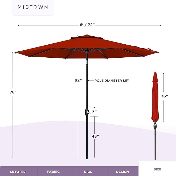 Midtown Umbrellas - 10-Year-No-Fade 6 Ft Patio Umbrella with Terylast Fabric, Auto-Tilt Aluminum Frame and 8 Reinforced Ribs for Deck, Pool, Garden & Beach - Apple Red Canopy, Black Pole