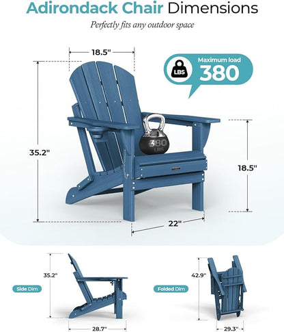 Ciokea Folding Adirondack Chair Wood Texture, Patio Adirondack Chair Weather Resistant, Plastic Fire Pit Chair with Cup Holder, Lawn Chair for Outdoor Porch Garden Backyard Deck (Royal Blue)