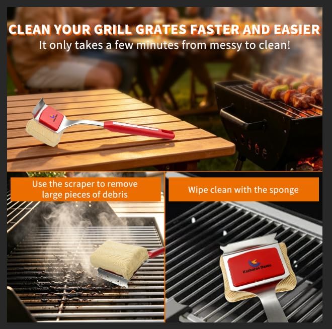 Bristle Free Grill Brush and Scraper for Outdoor Grill - Heavy Duty BBQ Grill Cleaner, Wire Free Non-Metal Safe Cleaning Brush with 2 Replaceable Heads - Ideal Gift for Dad