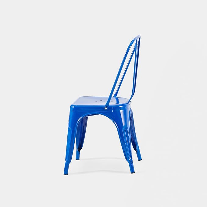 AC Pacific 18 Inch Seat Height Industrial Metal Dining Chairs, Stackable Kitchen or Bar Seat, Durable Modern Design, Versatile Accent Furniture, Set of 4, Blue