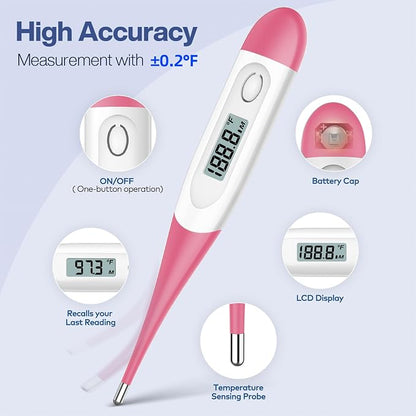 Boncare 10 Seconds Oral Thermometer for Adults and Kids, Pink | Accurate & Safe, Rectal Digital Thermometer for Baby, Fever Alarm