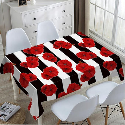 TKS MITLAN Black White Stripe Tablecloth 60x84 Inch Rectangular Red Flower Poppy Petal Bloom Bright Color Plant Oblong Table Cloth Kitchen Table Decorations for Home Dinner Party