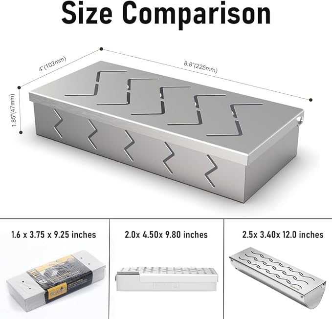 BBQCuker 2 Pack Grill Smoker Box, Stainless Steel Food Safe, Works with Wood Chips Smoked BBQ Flavor, Hinged Lid,Warp Free Grill Accessories (2, 9x4)