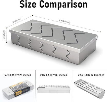 BBQCuker 2 Pack Grill Smoker Box, Stainless Steel Food Safe, Works with Wood Chips Smoked BBQ Flavor, Hinged Lid,Warp Free Grill Accessories (2, 9x4)