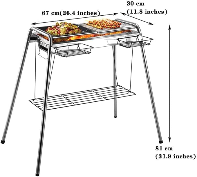 Barbecue Grill Charcoal,Outdoor Portable Stainless Steel Charcoal Grill, Home Barbecue Cooking Tools, with Hanging Basket, Storage Rack (Color : Silver, Size : 67 * 30 * 81cm)