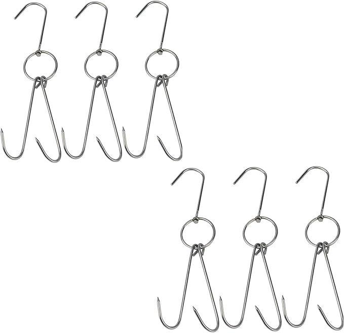 TIHOOD 6PCS 9.4" Stainless Steel Double Meat Hooks Roast Duck Bacon Shop Hook BBQ Grill Hanger Cooking Tools Accessories (6 Packs)