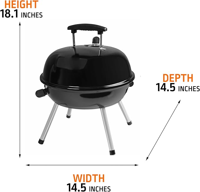 Black 14.5" Portable Charcoal Grill, Small Outdoor Barbecue Grill, Sturdy Steel Construction for Easy Grilling Anywhere