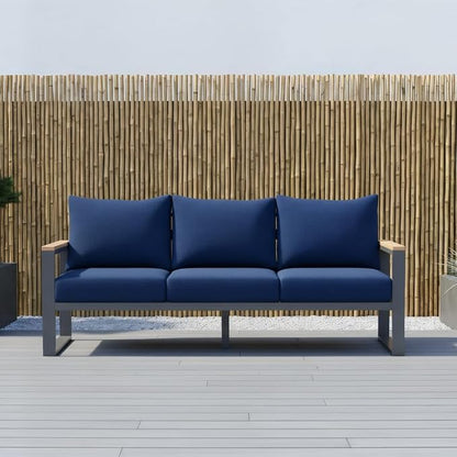 Sundale Outdoor Aluminum Patio Furniture, 3-seat All-Weather Outdoor Couch with 6" Olefin Cushion & Wide Armrest, Outside Sofa Seating for Garden Deck Porch (Navy Blue) | Heavy Duty