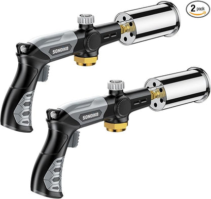 Sondiko Powerful Grill & Cooking Propane Torch L8010, 2 Pack, Sous Vide, Campfire Starter, Adjustable Wood Torch Burner for Searing Steak, BBQ, Welding(Black, Grey) Propane Tank Not Included