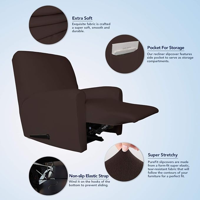PureFit Stretc Recliner Chair Covers Fleece Soft Couch Covers for Sofa | Chocolate 4-Pieces Recliner Slipcover Pocket Couch Protector, Fleece Sofa Cover Washable with Non Slip Elastic Bottom
